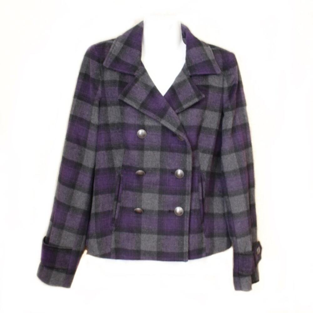 The Limited Plaid Pea Coat Purple, Gray & Black S